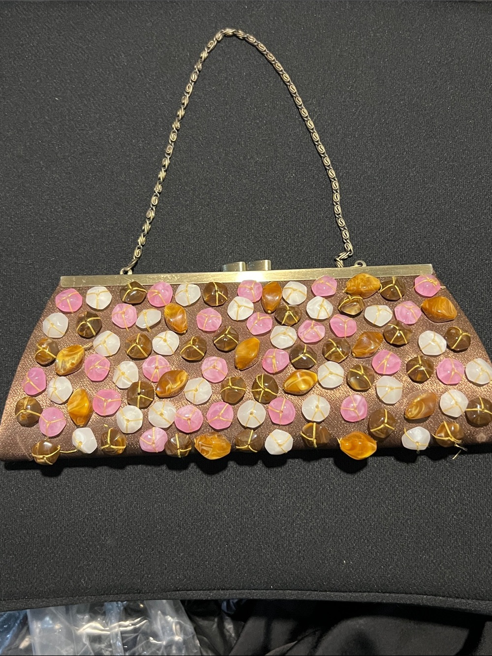 Chocolate brown colorful stones embellished Clutch